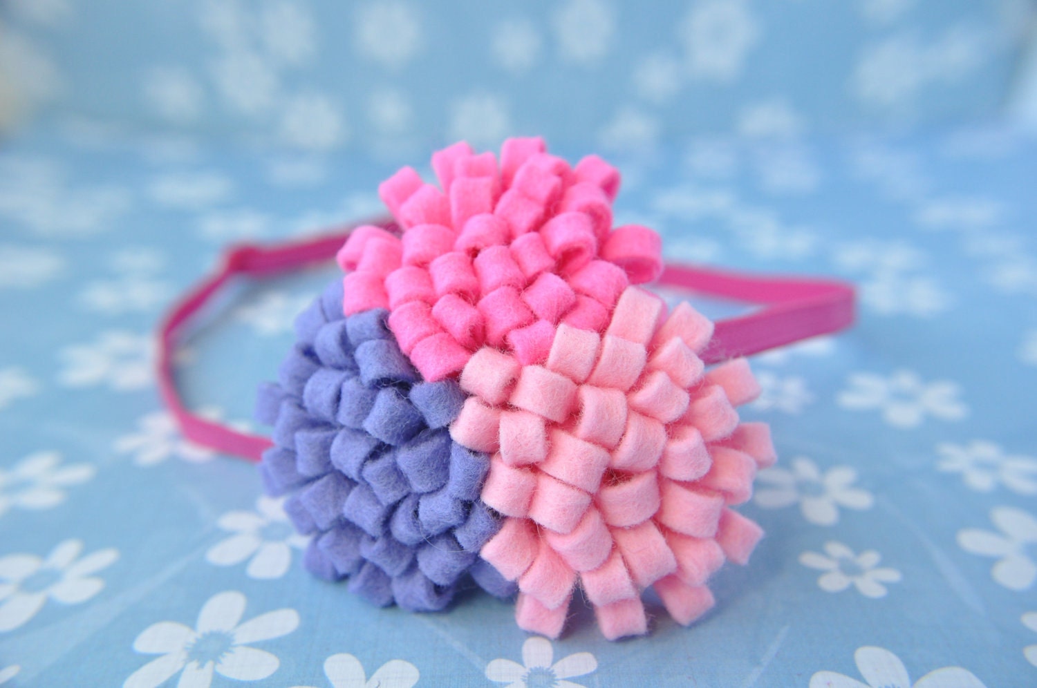 Flower Headband - Pink, Bright Pink, and Purple Pom Flowers, 100% pure wool felt - Adjustable Headband, Women, Girls, Baby Hair Accessory