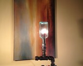 Medicine Bottle Table Lamp - Industrial Lighting - Steampunk Pipes Fixture - Furniture - Apothecary Bottle