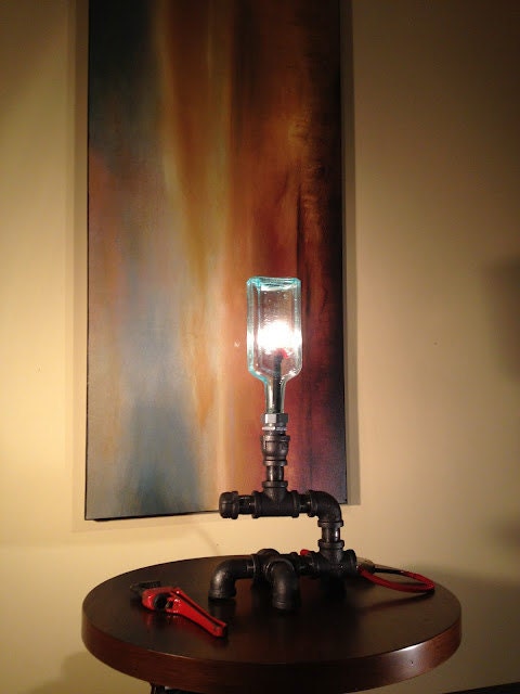 Medicine Bottle Table Lamp - Industrial Lighting - Steampunk Pipes Fixture - Furniture - Apothecary Bottle