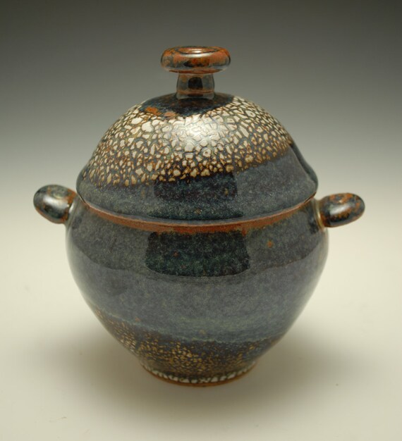 Small Ceramic Lidded Jar Blue Brown and White by JarenCeramics