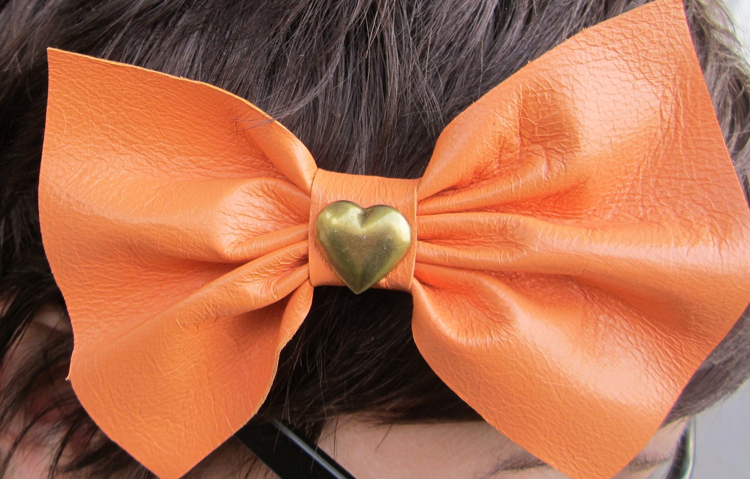 III Orange Leather Heart Hair Bow III