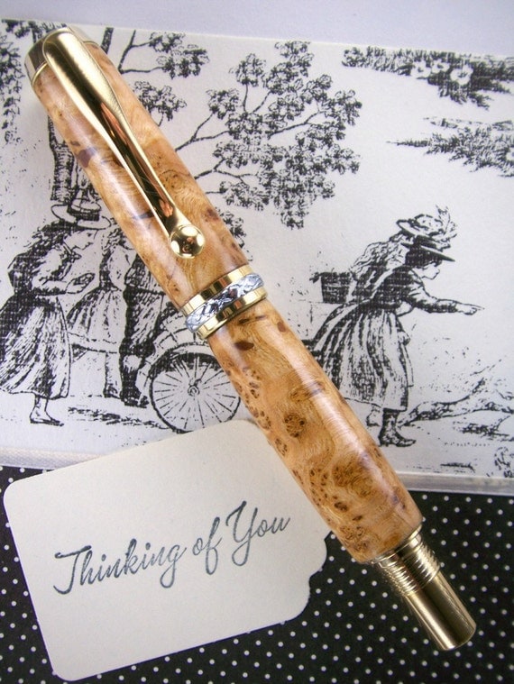 Hand Turned Wooden Pen Handcrafted Black Ash Burl and Gold Hardware and Chrome Accents 202H