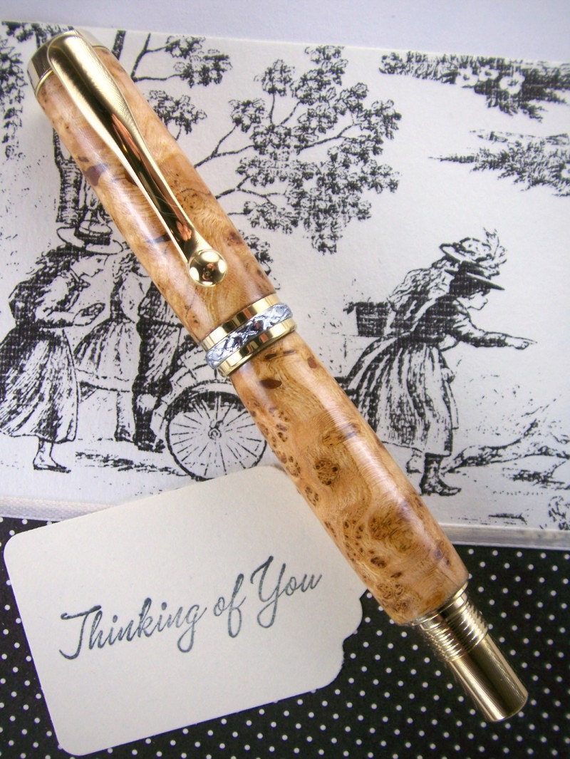 Hand Turned Wooden Pen Handcrafted Black Ash Burl and Gold Hardware and Chrome Accents 202H