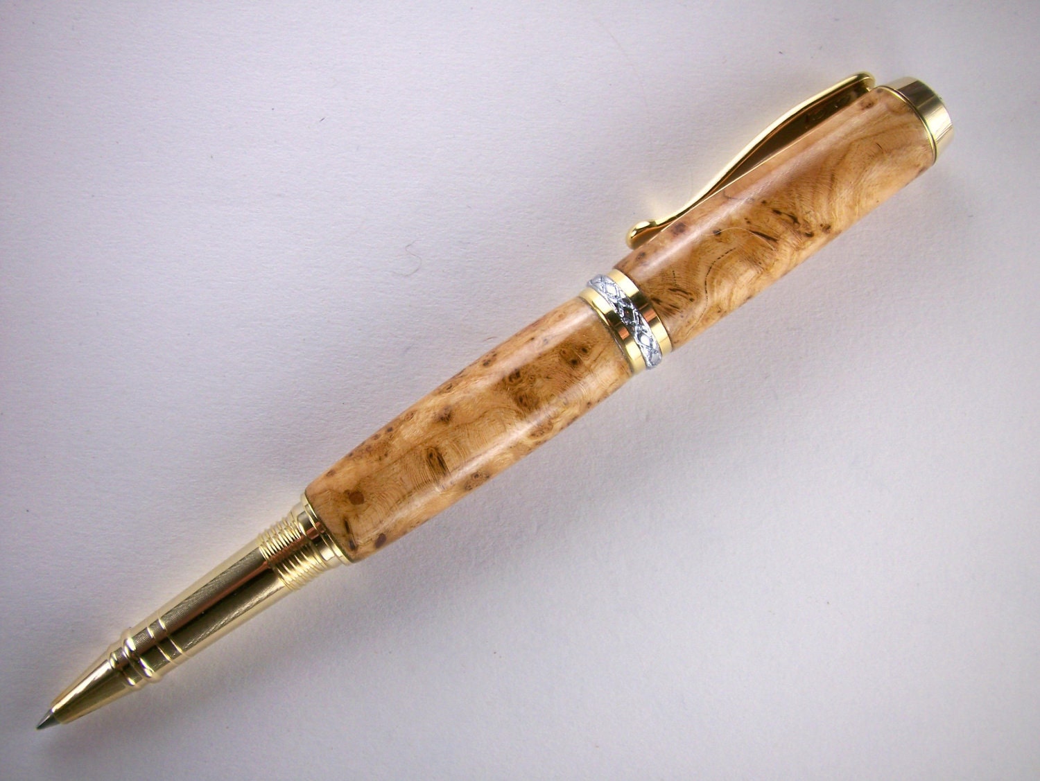 Hand Turned Wooden Pen Handcrafted Black Ash Burl and Gold Hardware and Chrome Accents 202H