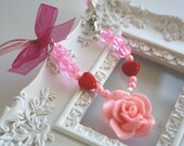 Pink rose charm necklace, cute red heart pink bow, pendant, retro flower, vintage accessory, jewellery