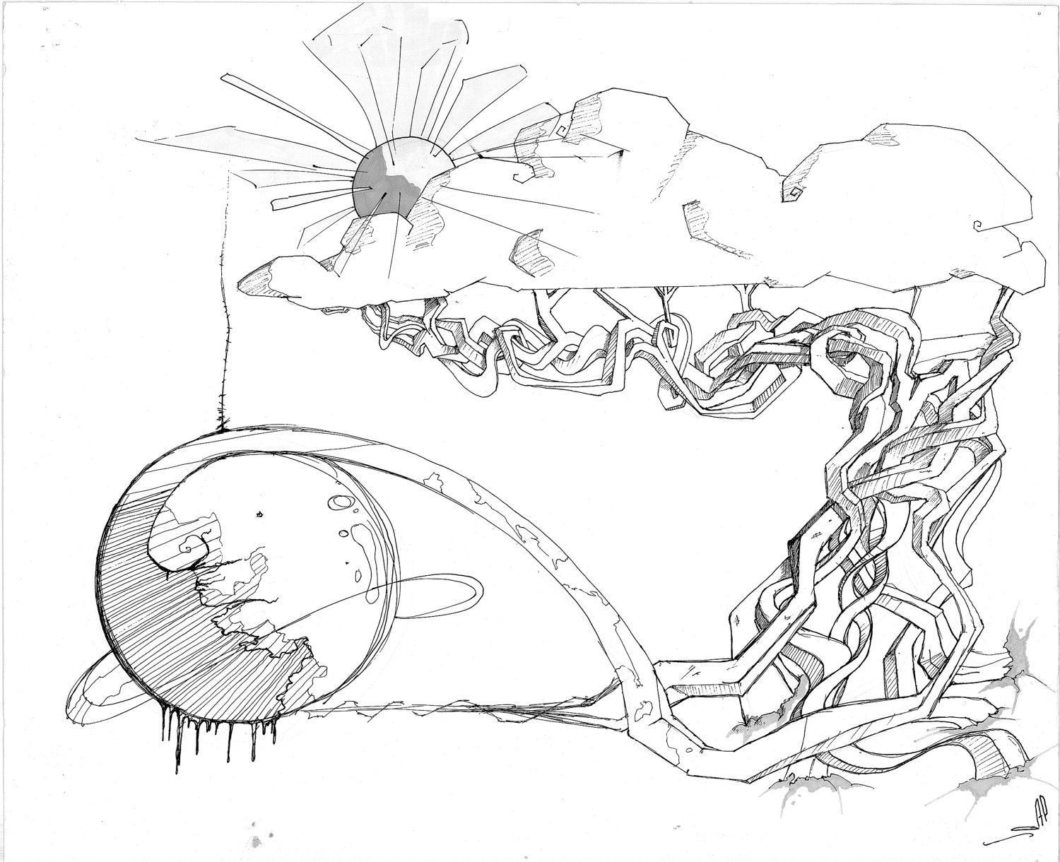 Zen Tree - Surreal, Abstract, Geometrical Sketch Drawing. Zen tree for sunshine happiness Print