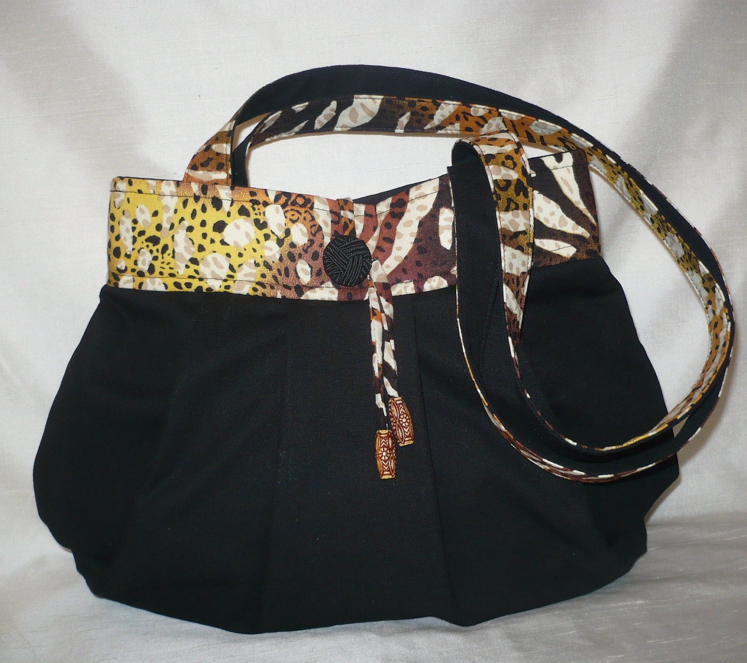 Animal Print/Black Medium Pleated Bag Purse, Handmade Handbag Hobo