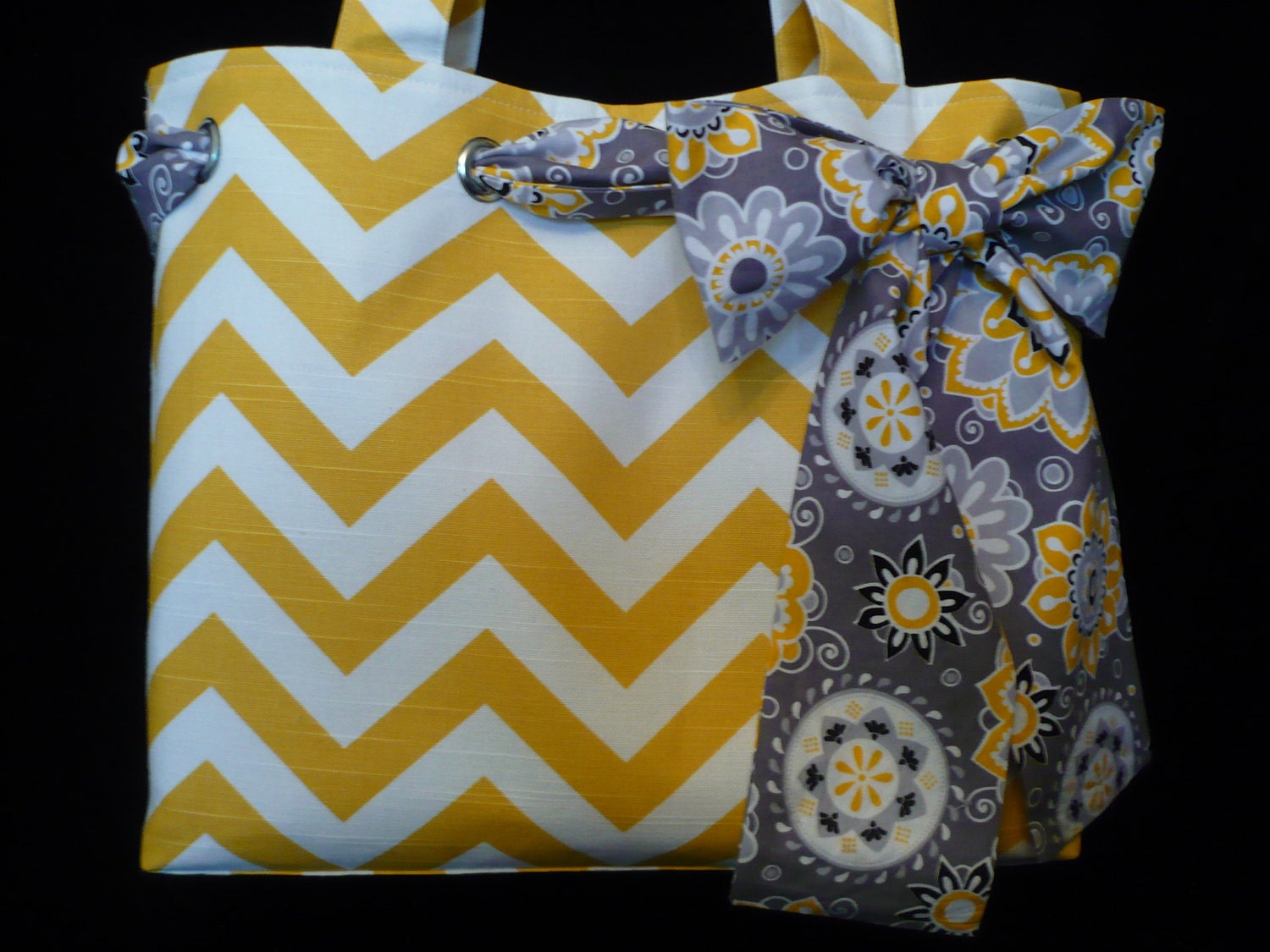 Summer Yellow Chevron Tote Bag Purse w Gray Print Bow, handmade handbag