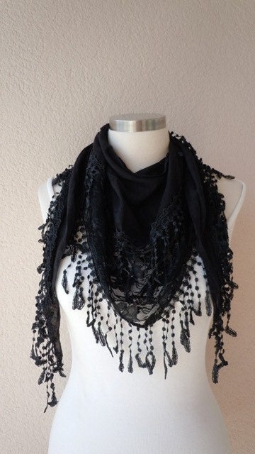 Black Headband Necklace Woman Scarf- Tassel-Cowl With Lace Edge-2012 Fashion-Turkish Style-Yemeni Style-Turkish Traditional Scarf