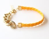 ON SALE: Arm party - Gold chunky chain with Yellow leather braid Bracelet - 24k gold plated