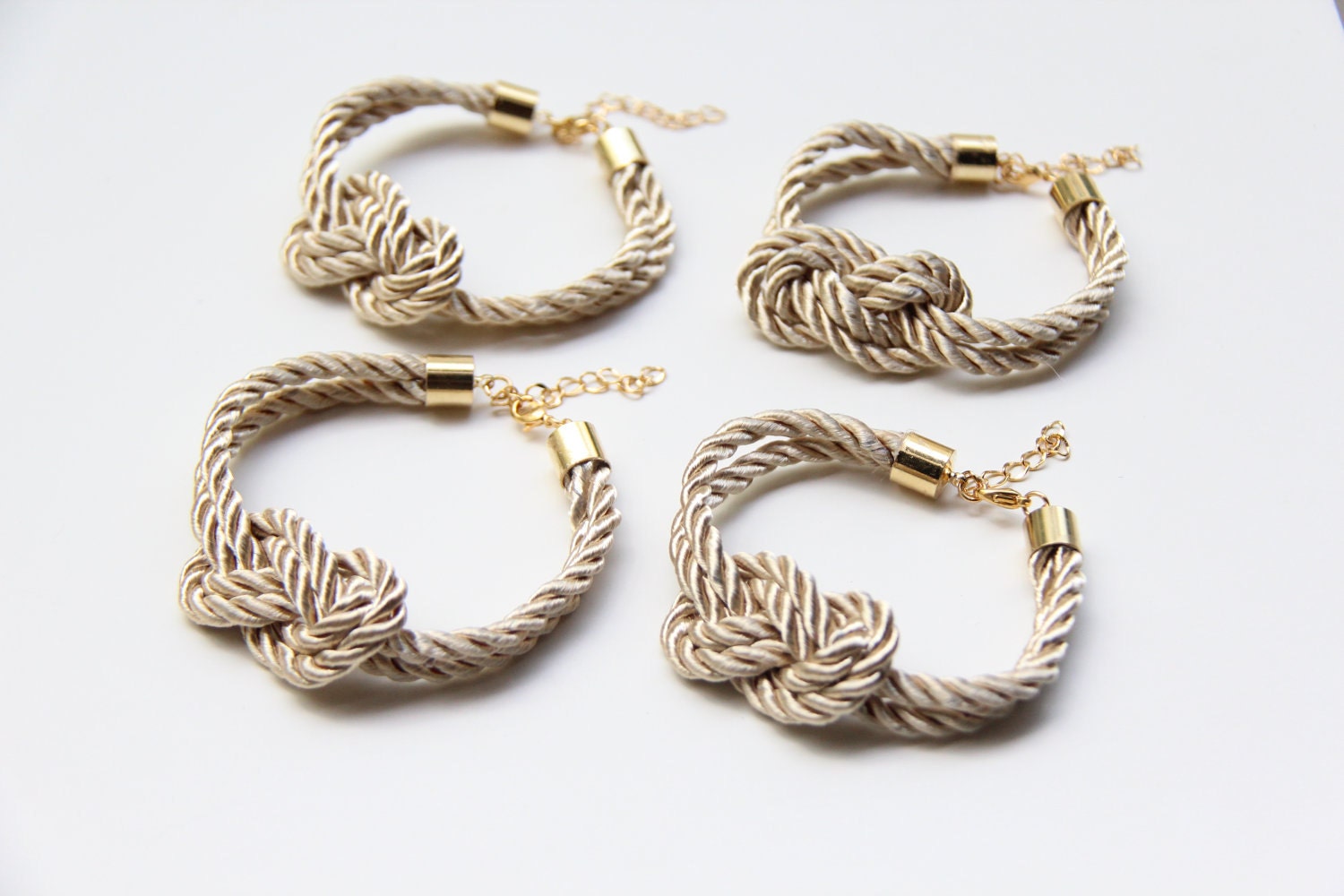 Bridesmaids gifts Set of 4 - Beige silk cord Knot Bracelet  - 24k gold plated
