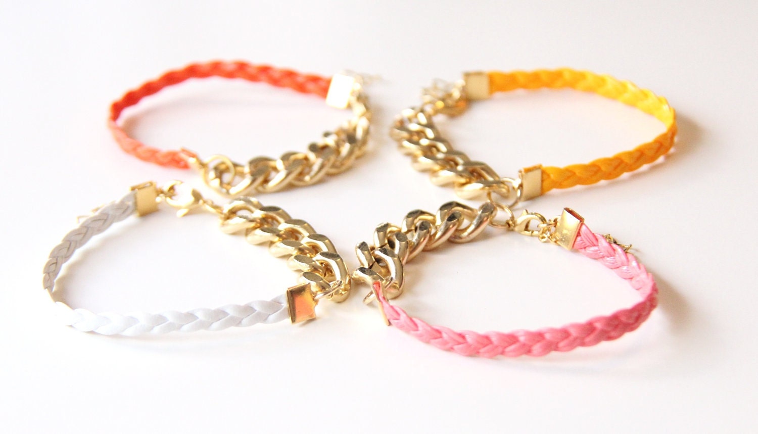 ON SALE: Arm Candy - Set of 2 - Gold chunky chain with leather braid Bracelet - 24k gold plated