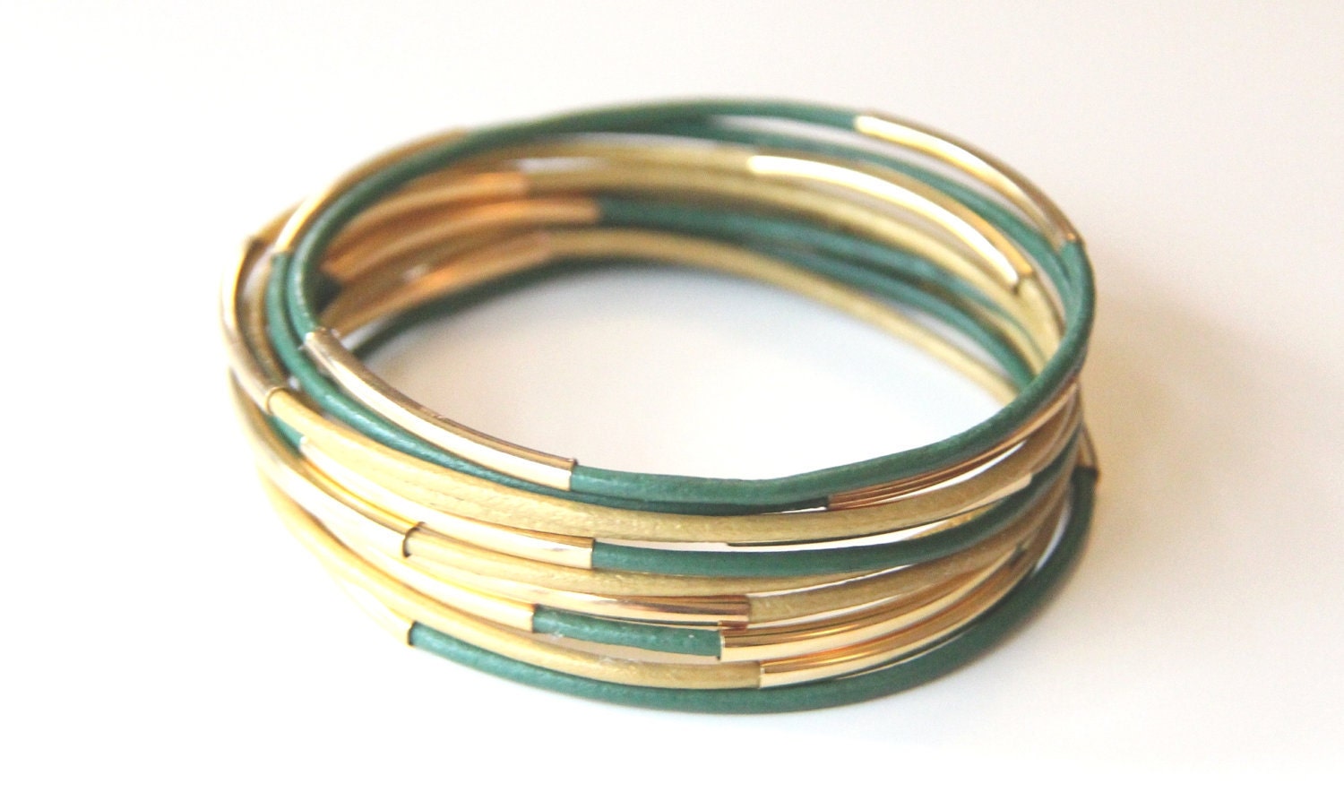 Set of 10 Green and Gold leather Bangle Bracelets with gold bars - 24k gold plated