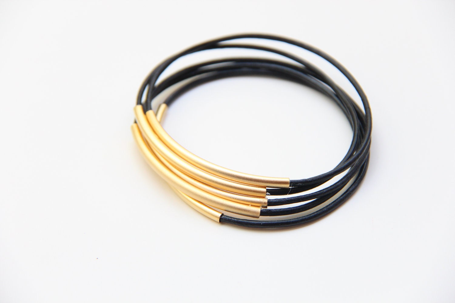 Set of 5 Black leather Bangle Bracelets with gold bars - 24k mate gold plated