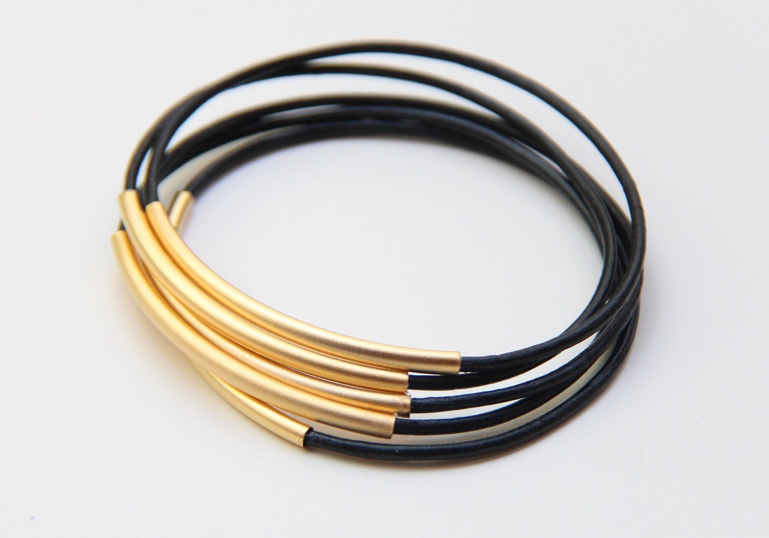 Set of 5 Black leather Bangle Bracelets with gold bars - 24k mate gold plated
