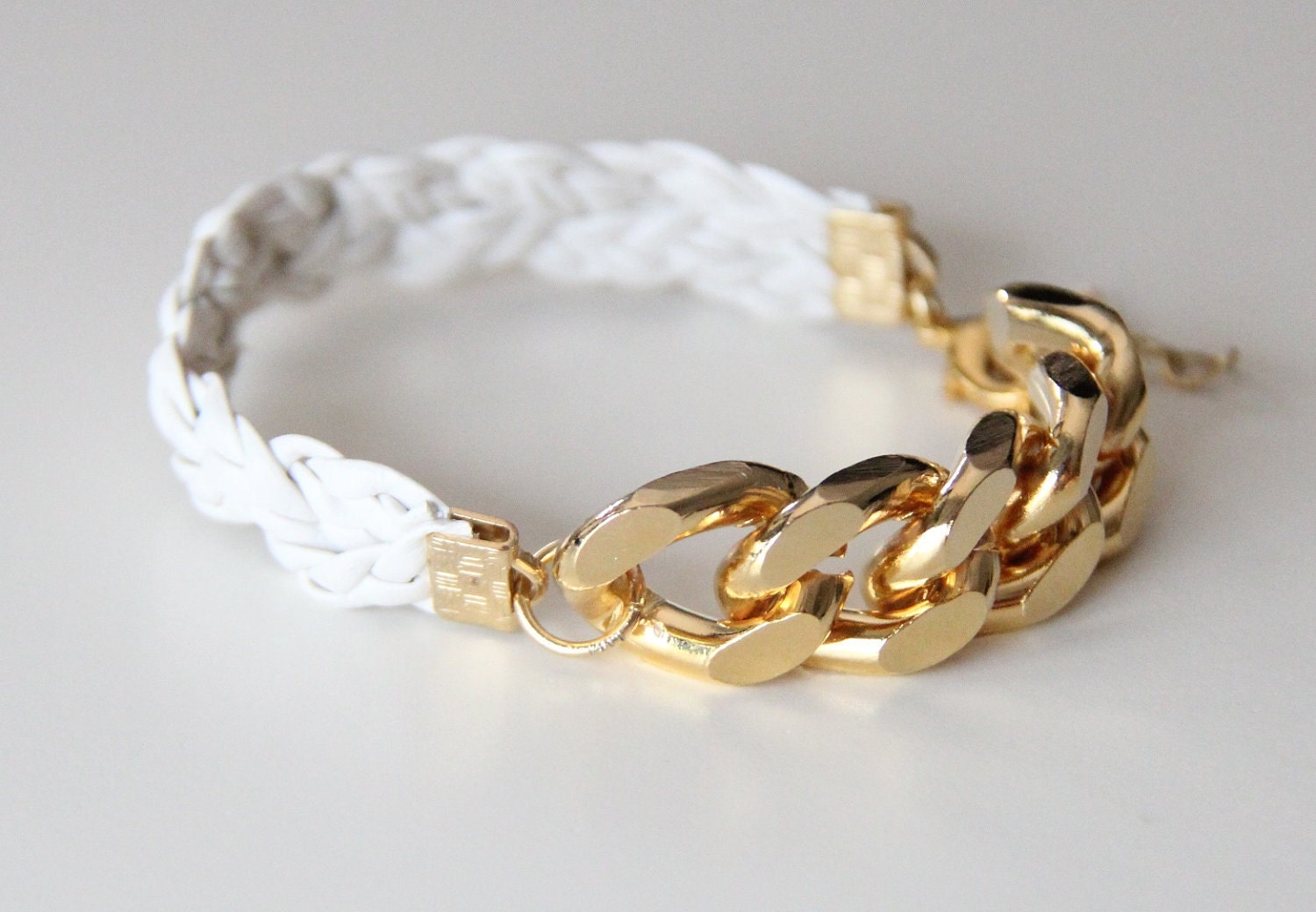 Set of 2: Gold Extra chunky chain with Pink leather braid Bracelet - 24k gold plated