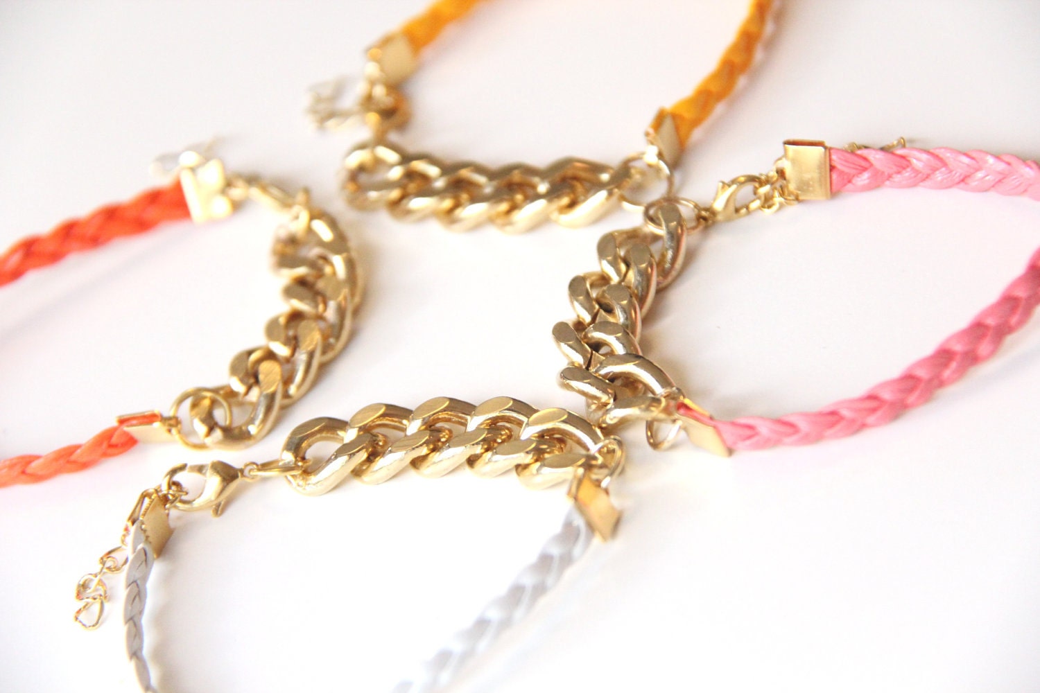 ON SALE: Arm Candy - Set of 2 - Gold chunky chain with leather braid Bracelet - 24k gold plated
