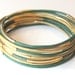 Set of 10 Green and Gold leather Bangle Bracelets with gold bars - 24k gold plated