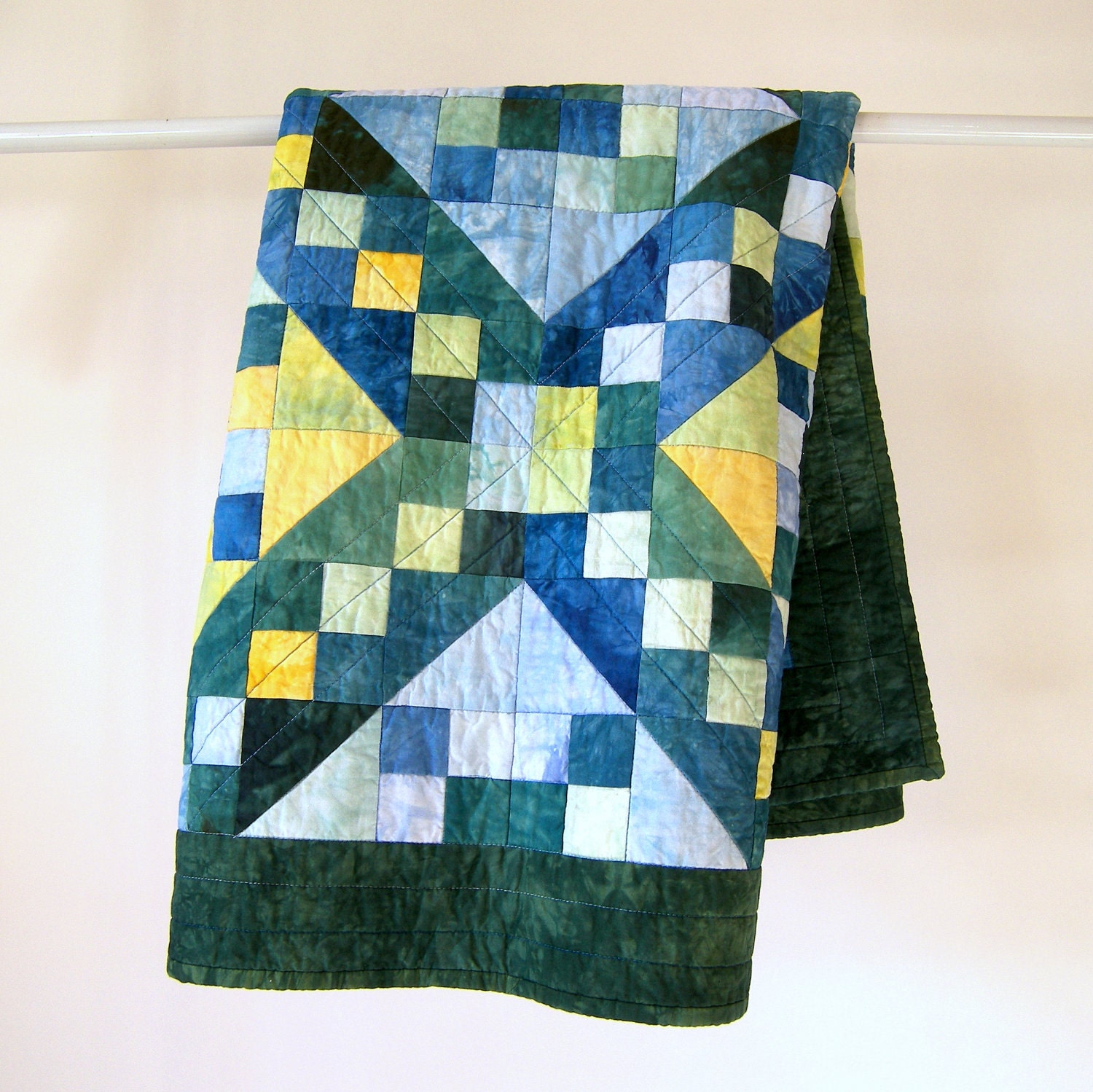 Baby Boy Quilt or Quilted Wall Hanging - Jacob's Ladder in Hand Dyed Blue, Green, and Yellow