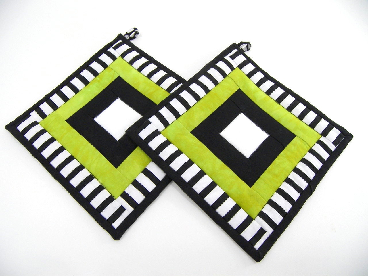 Fabric Hot Pads - Chartreuse Green, Black and White Quilted Pot Holders