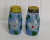 1940s Blue Glass Salt and Pepper Shakers with Hand Painted Foral DEsign, Yellow Metal Twist Tops - Vintage Travel Trailer and Home Decor