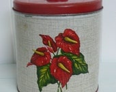 1960s Decoware Metal Sugar Canister, Tiki Style Red Anthurium - Vintage Home and Travel Trailer Decor
