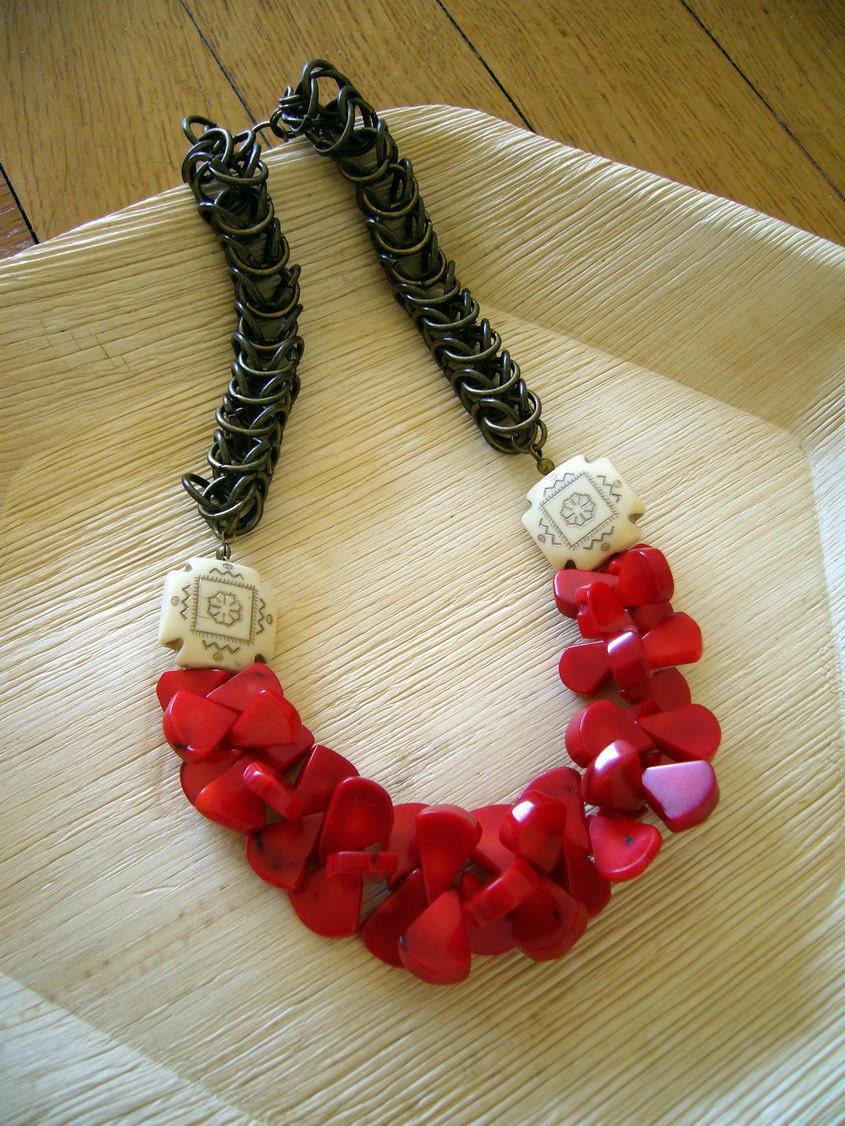 Hawaii teardrop red coral bib necklace, with antique bronze chainmaille