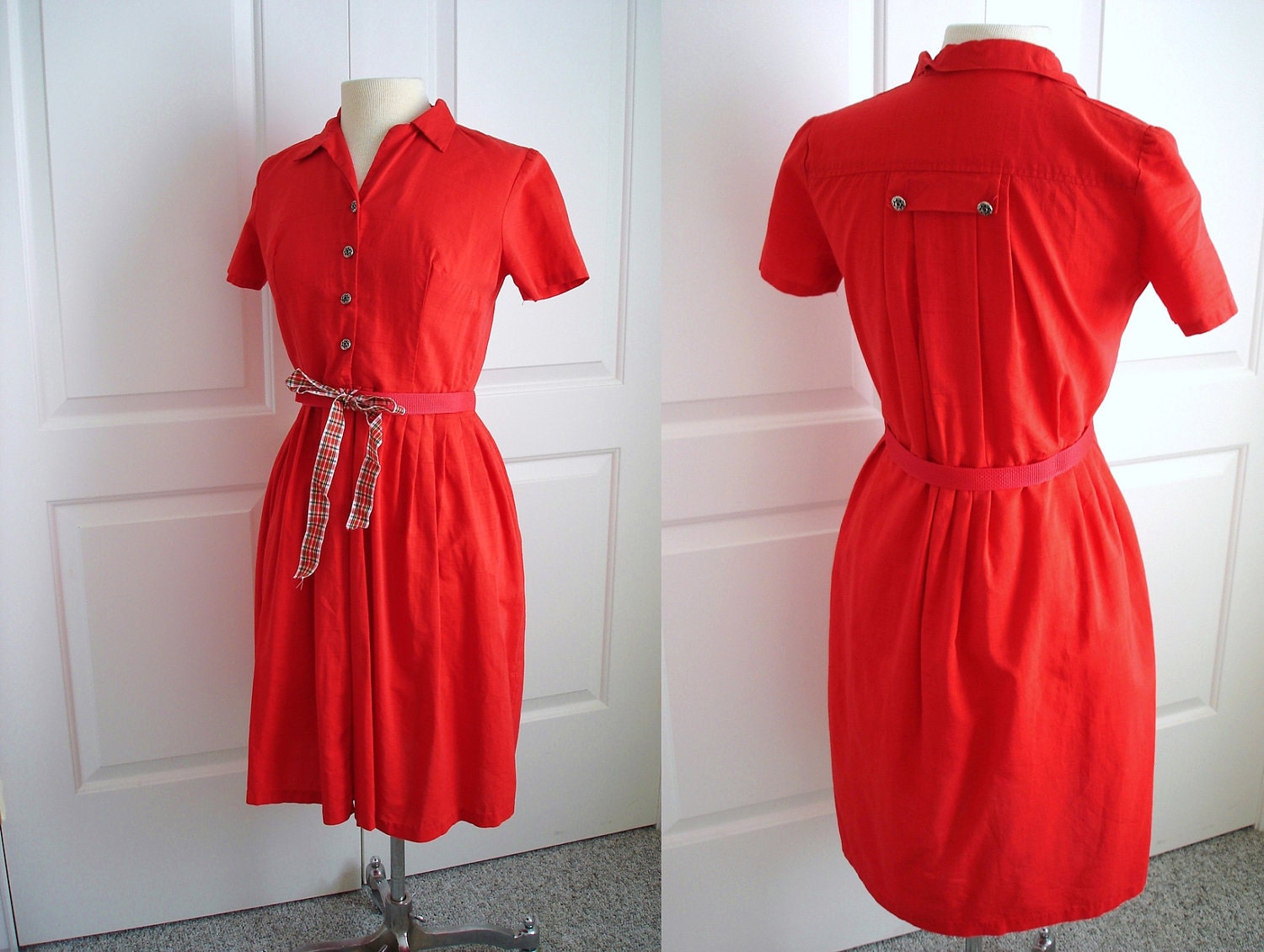 Vintage 60s  handmade secretary red dress/ short sleeves/ sun buttons