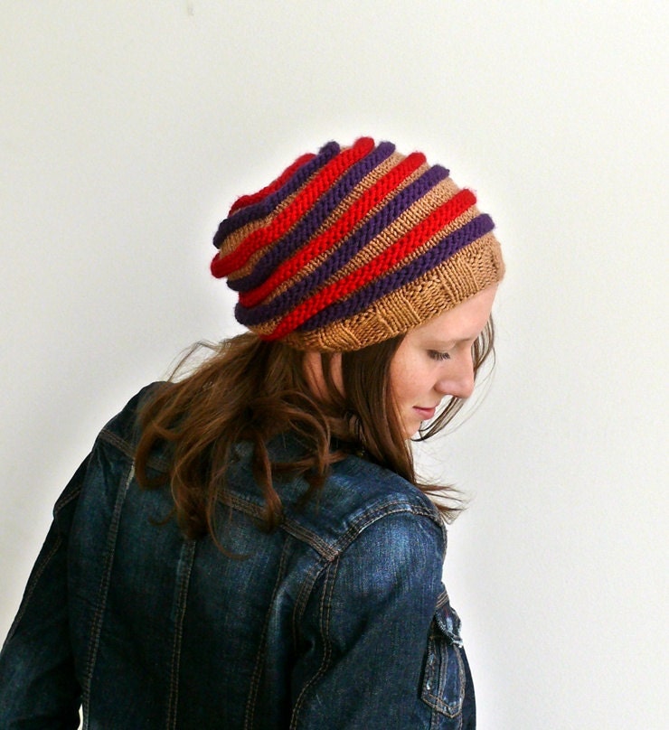 Slouch beanie winter hat, brown with purple and red stripes