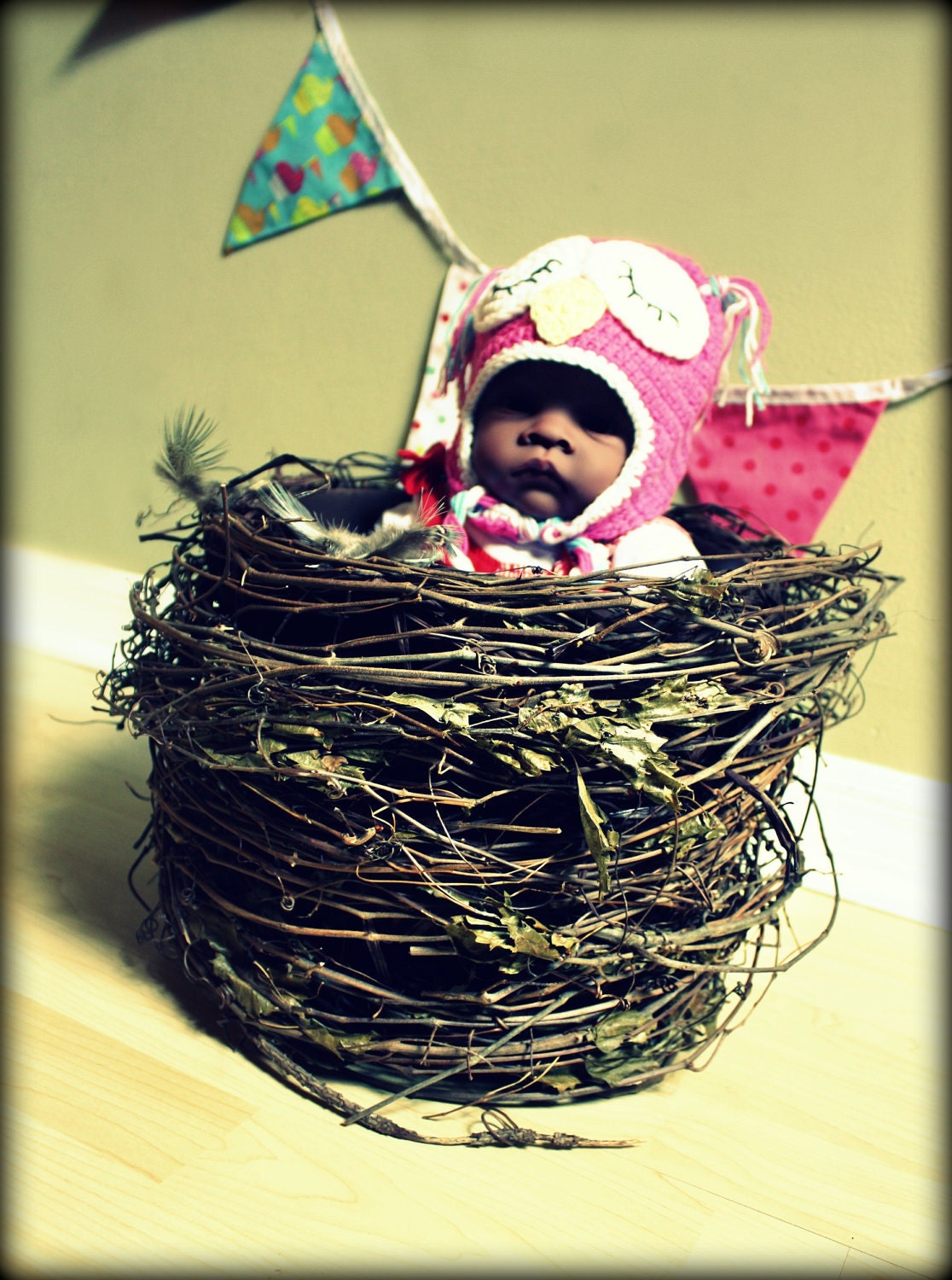 Tall Owl Nest Infant Photo Prop 11" wide x 10.5" tall