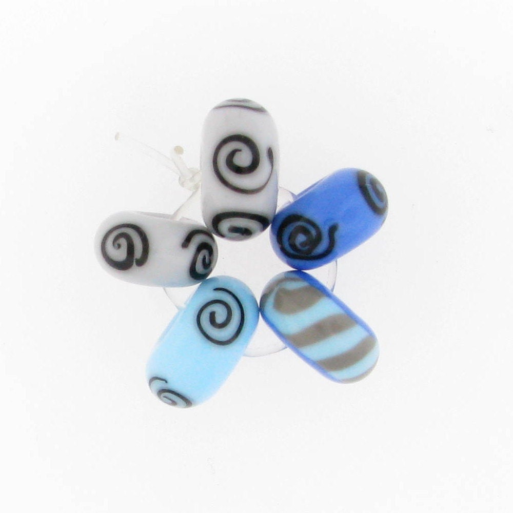 lampwork glass spacers -handmade beads in blues and greys