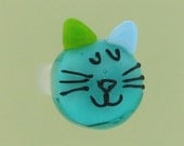 cat ring - teal lampwork glass ring - cat jewelry -SRA