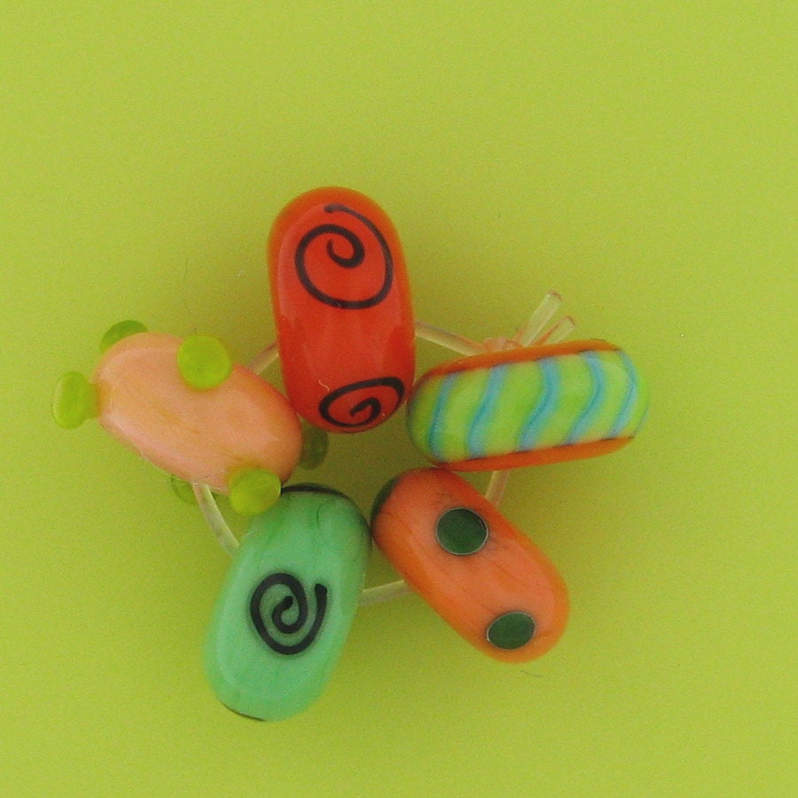 glass spacer beads  -  green & orange -   lampwork glass bead sets
