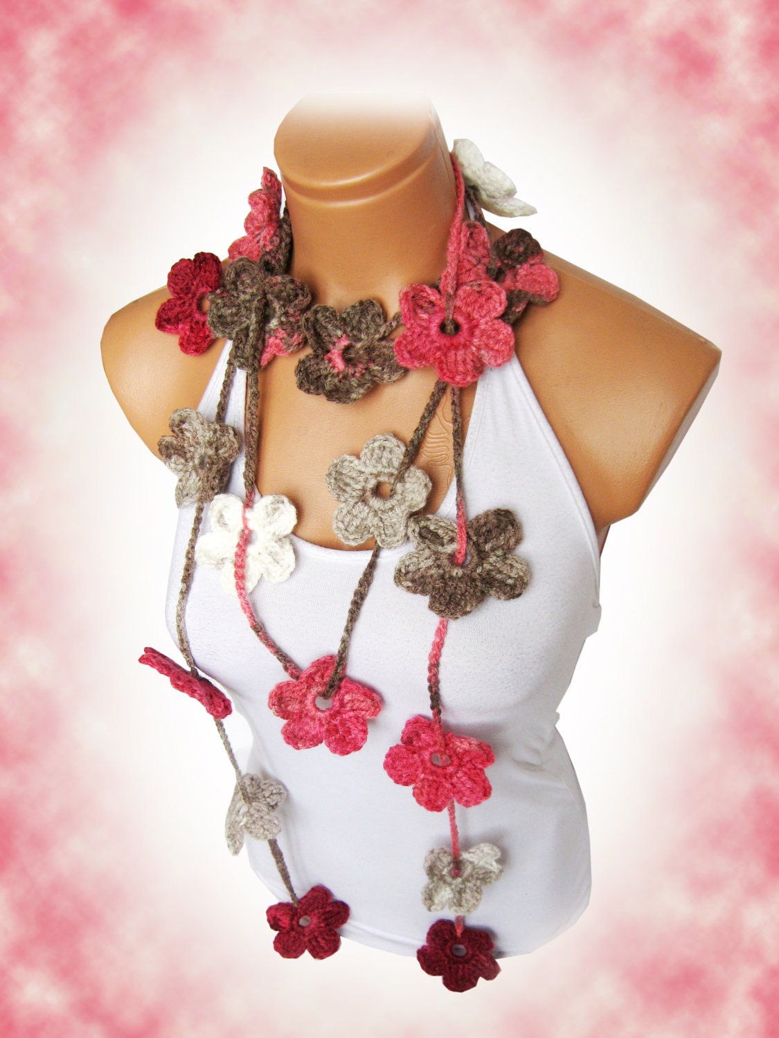 Hand made crochet Pink and color mink Cream Flower Lariat Scarf. Fashion Flower Scarves, Necklace...