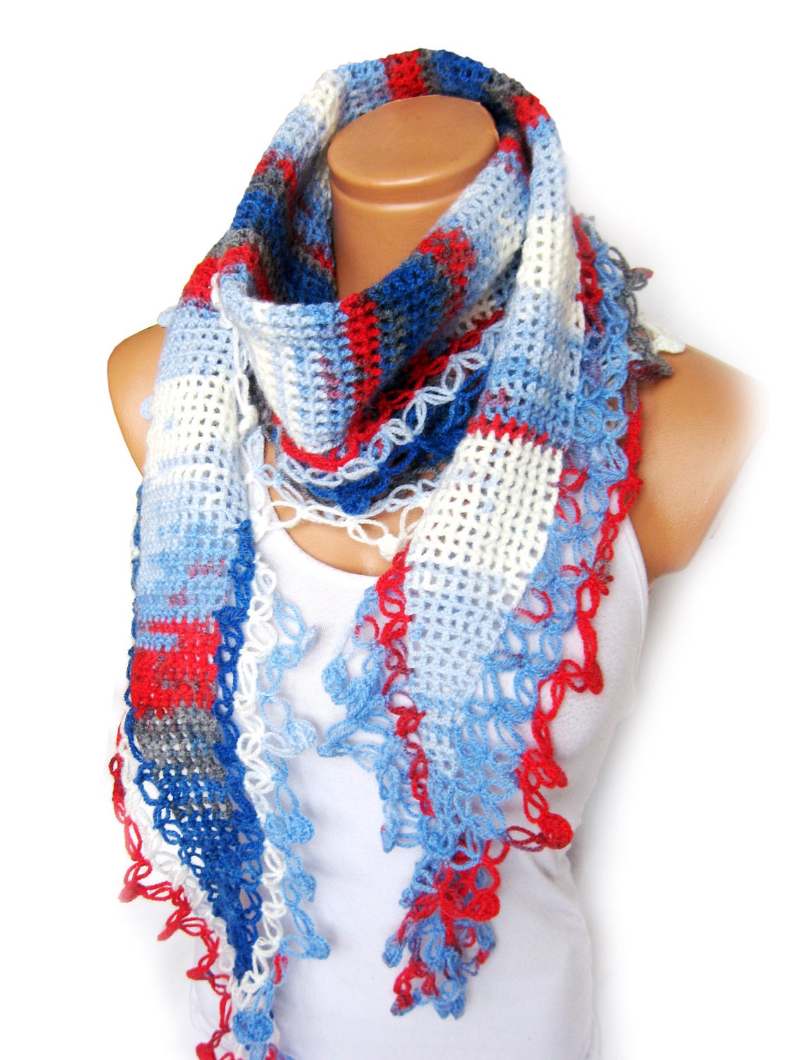 Americana Red Blue White, 2012 trends scarf, hand knit, woman scarf. Personalized Design. Latest Fashion. scarf, neckwarmer, scarflette...