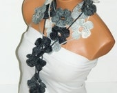 Crochet Gray, Black, White Flower Lariat Scarf. Fashion Flower Scarves, Necklace...