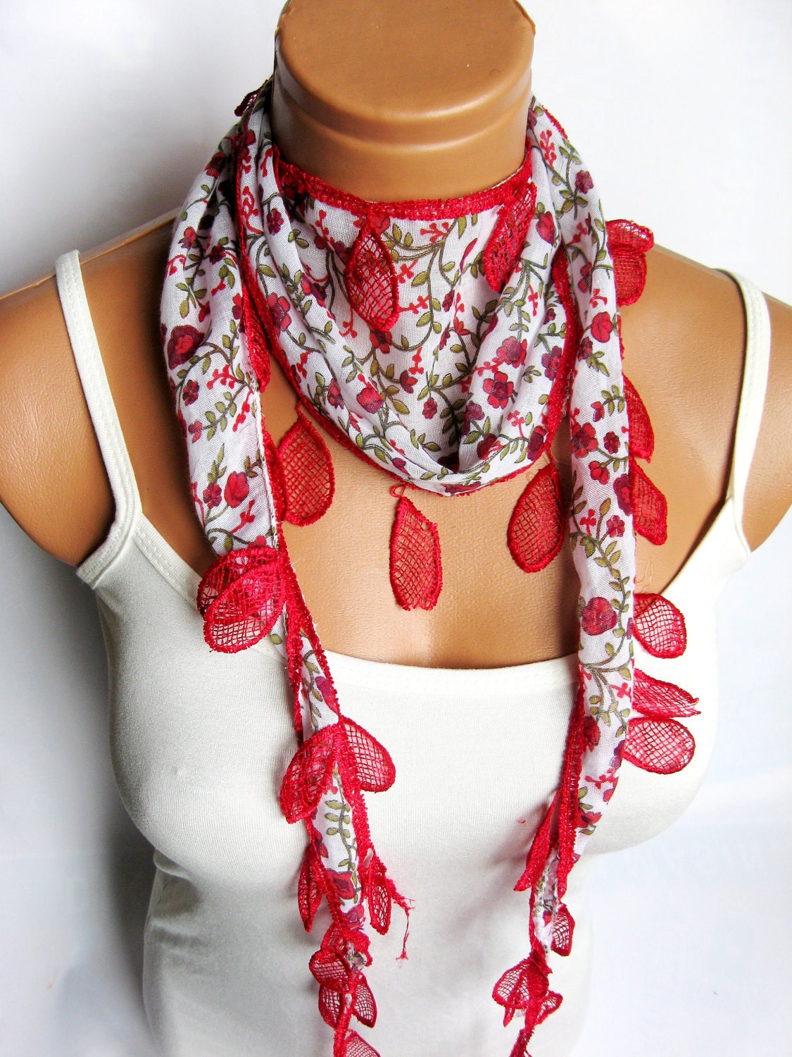 Woman scarves.. Red White Scarf. Turkish Fabric Fringed Guipure Scarf ..bandana,headband,wedding,bridal,authentic, romantic,
