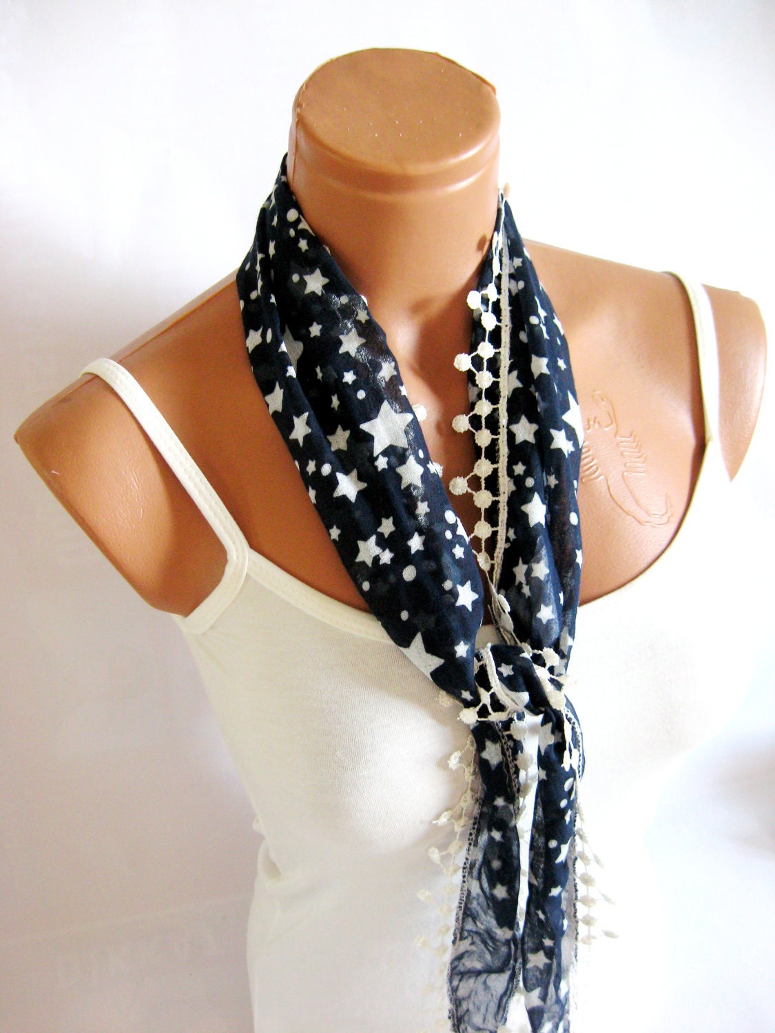 Navy Blue White Scarves, starred fabric scarf, Turkish Fabric Fringed Guipure Scarf ..bandana,headband,wedding,bridal,authentic, romantic,