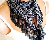Leopard Scarves,Gray, Black, White, . Turkish Fabric Fringed Guipure Scarf ..bandana,headband,wedding,bridal,authentic, romantic,
