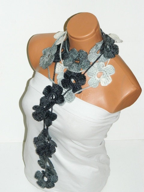 Crochet Gray, Black, White Flower Lariat Scarf. Fashion Flower Scarves, Necklace...