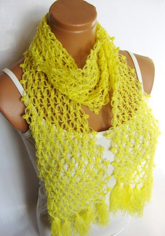 Crochet Yellow Scarf, spider web scarf, Crochet Women Accessory...