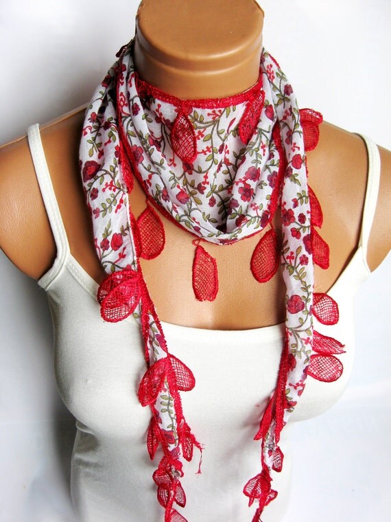 Woman scarves.. Red White Scarf. Turkish Fabric Fringed Guipure Scarf ..bandana,headband,wedding,bridal,authentic, romantic,
