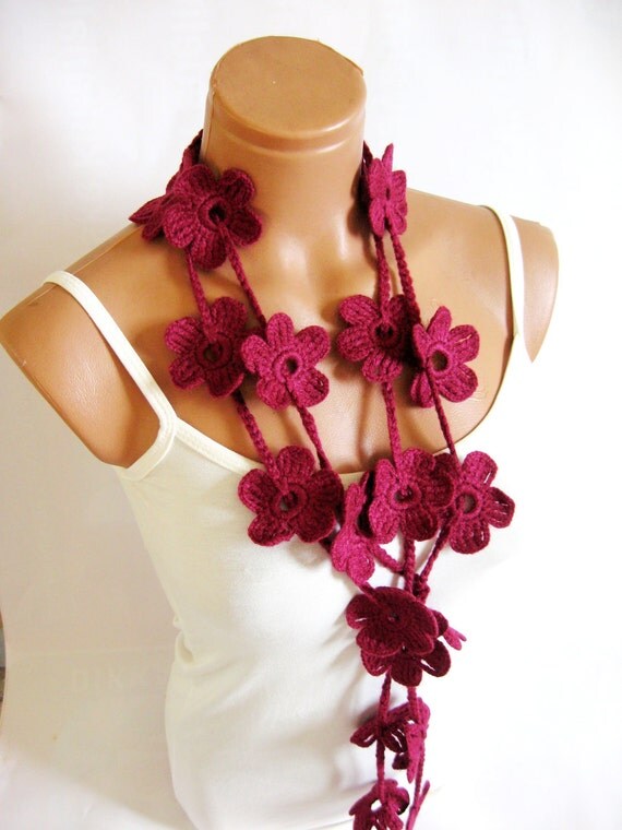 Crochet Burgundy Flower Lariat Scarf. Fashion Flower Scarves, Necklace... Lariat scarf for 2012...