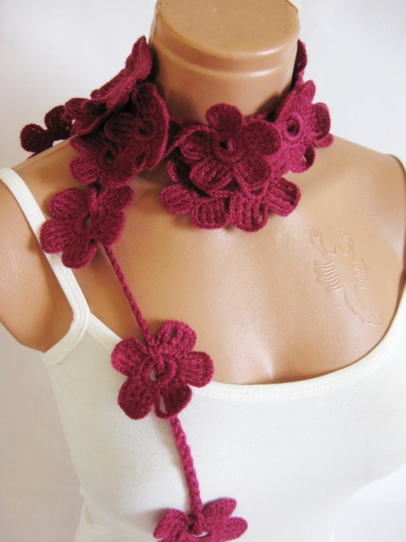 Crochet Burgundy Flower Lariat Scarf. Fashion Flower Scarves, Necklace... Lariat scarf for 2012...