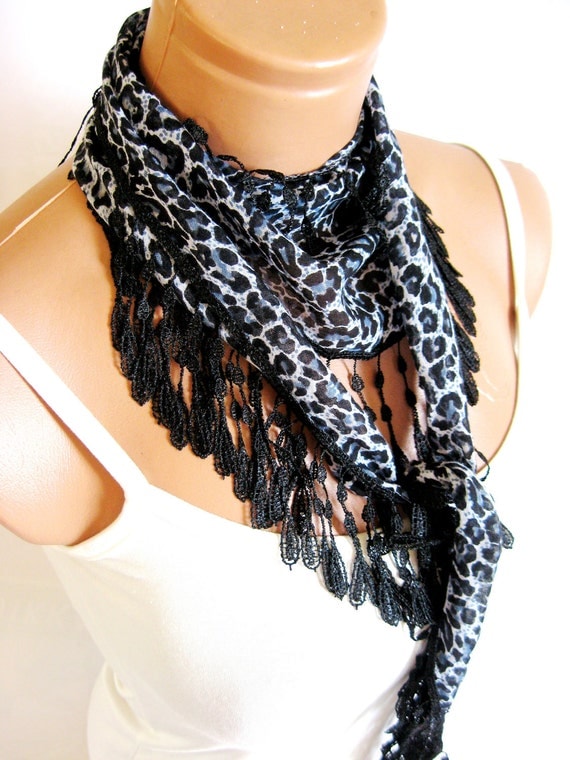 Leopard Scarves,Gray, Black, White, . Turkish Fabric Fringed Guipure Scarf ..bandana,headband,wedding,bridal,authentic, romantic,