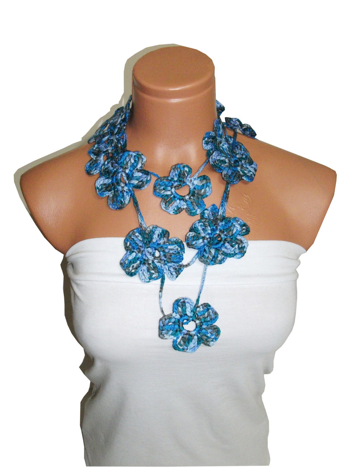 Handmade crochet Blue Lariat Scarf. Fashion Flower Scarves, Necklace...
