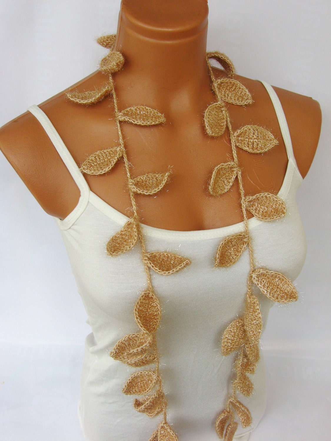 Silvery Crochet ivy, champagne, beige ivy leafs Lariat Scarf. Fashion Flower Scarves, Necklace...