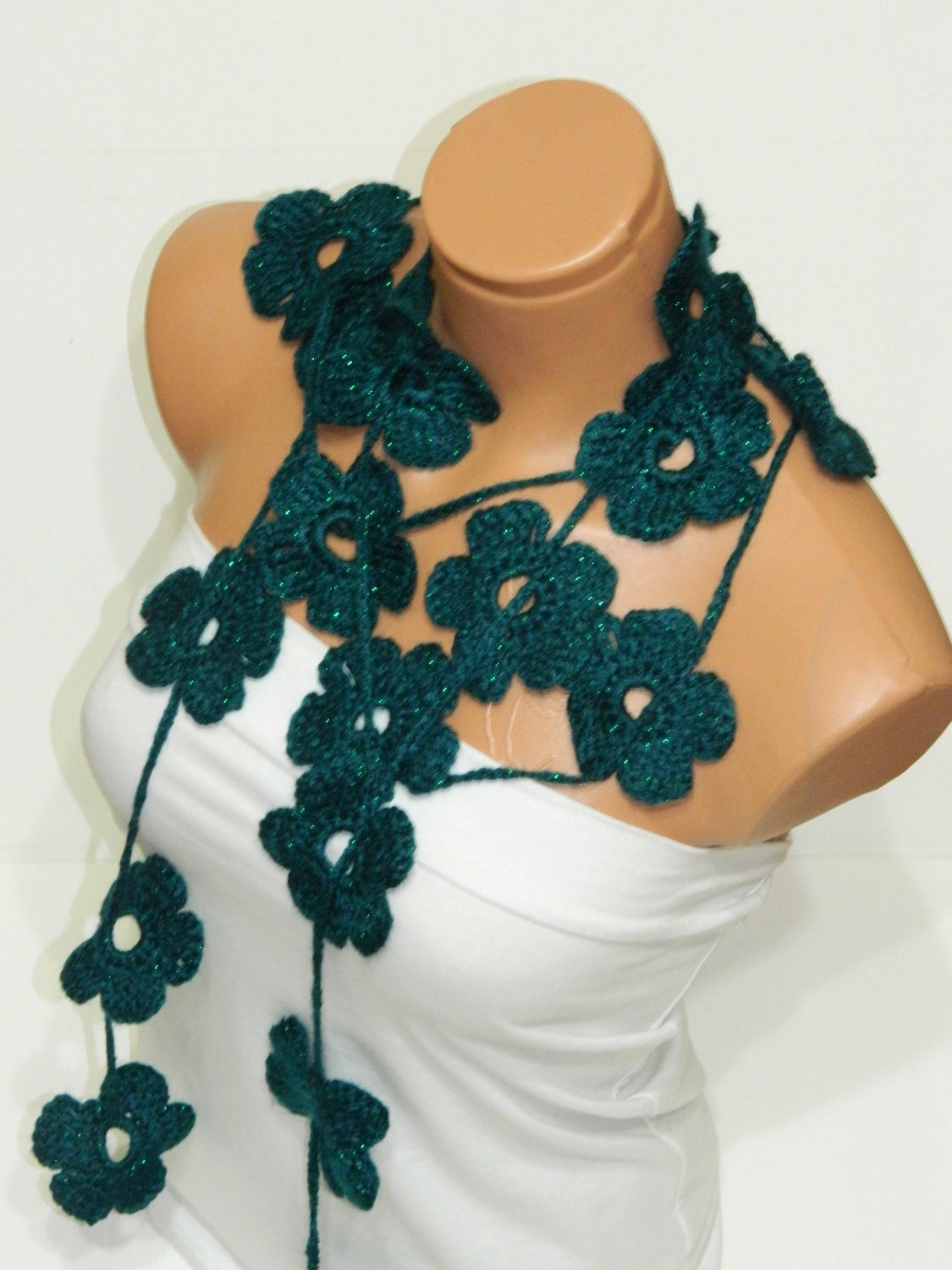 Hand made crochet oil blue Flower Lariat Scarf. Fashion Flower Scarves, Necklace...
