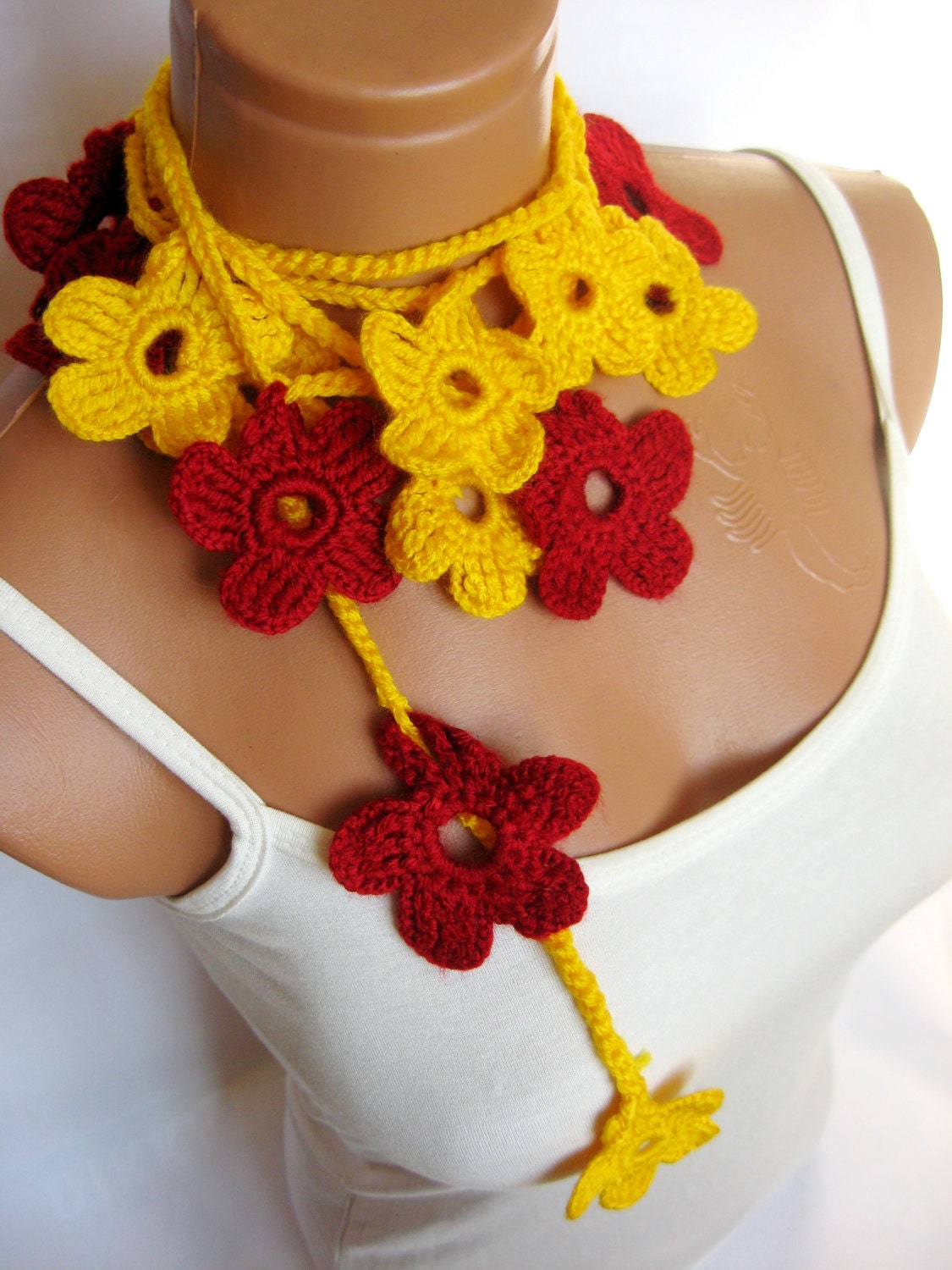 Yellow, Red, crochet Flower Scarves. Fashion Flower Scarves, Necklace...