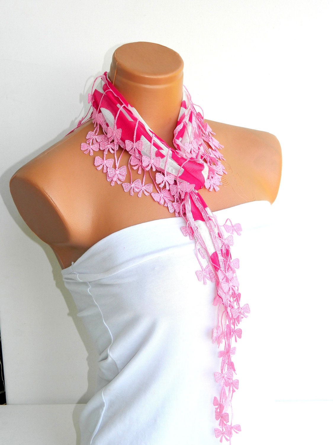 Fuchsia, White flower Scarf. Turkish Chiffon Fabric Fringed Guipure Scarf ..bandana,headband,wedding,bridal,authentic, romantic, elegant,